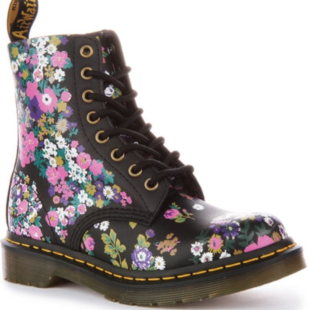 Dr. Martens Black and Pink Combat Boots with Floral Design